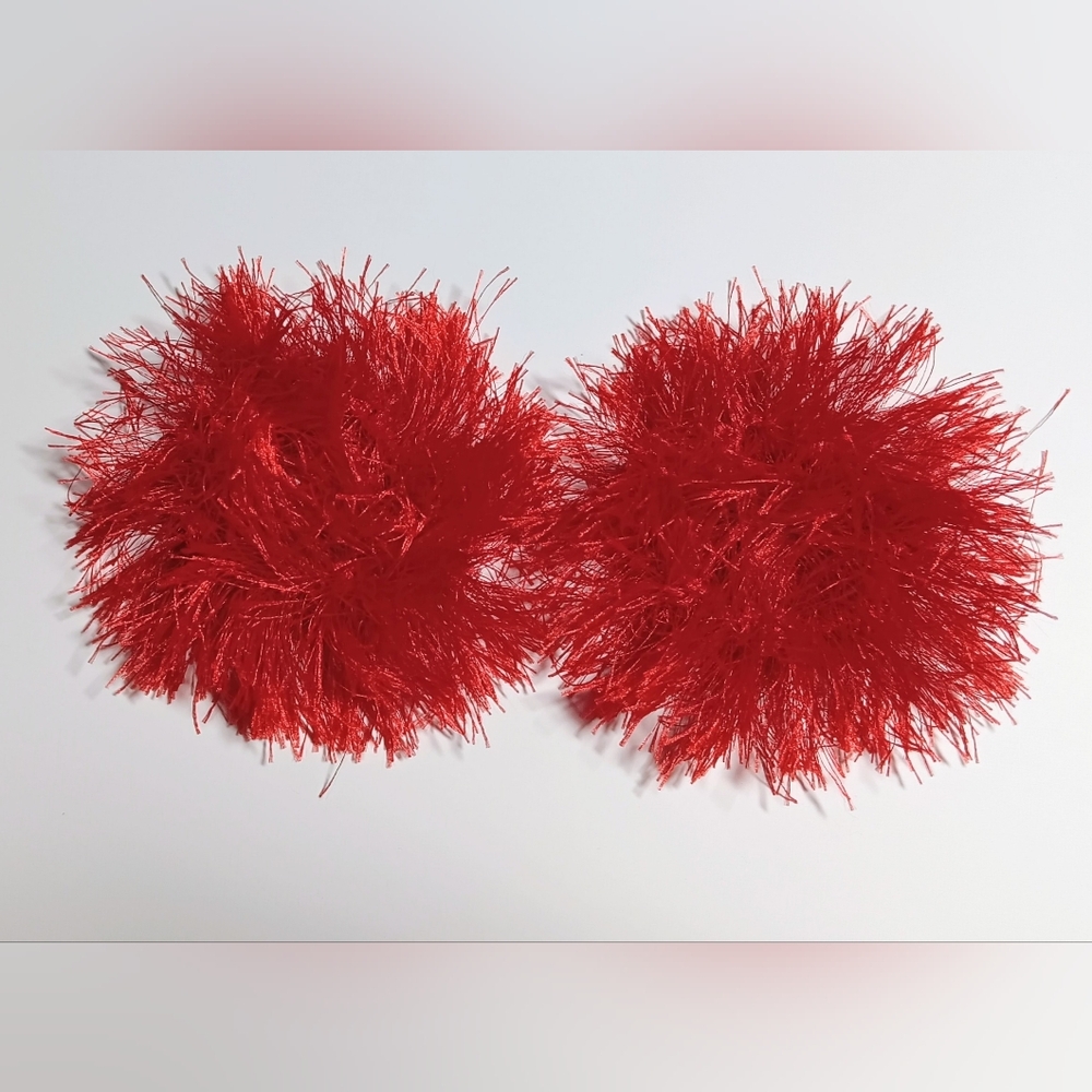 HANDMADE Vibrant Red Fringe Pom Pom Hand Crocheted Hair Scrunchies 2 Pack